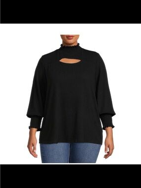 Terra and Sky Black Ruffled Mock-Neck Keyhole Sweater Top